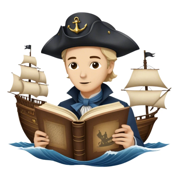 Reading Fiction: a sailing ship made of book pages floating on waves, with swashbuckling musketeers on horseback and a detective silhouette resembling Sherlock Holmes in the background. The icon should capture the adventurous and romantic spirit of classic literature. Transparent background. sticker