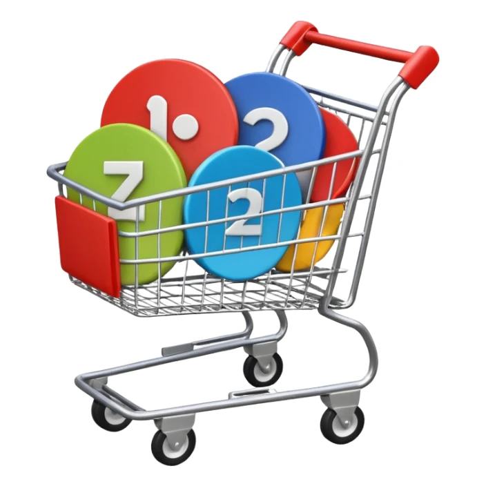 shopping cart containing several circular play button symbols, colored #DEEB52 and #102C3D, no red sticker