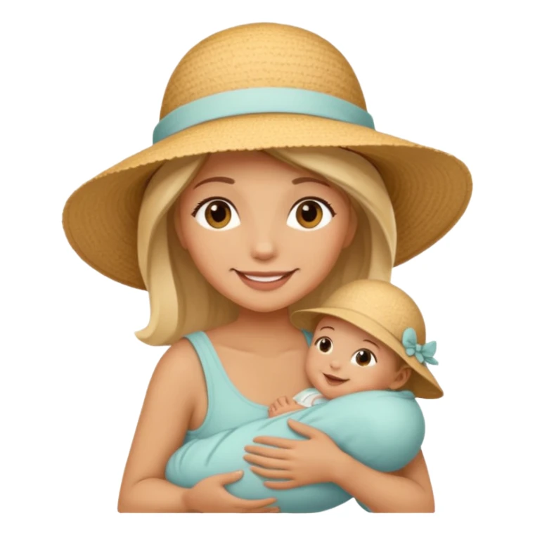 A mom in a sunhat holding her baby gently while smiling softly. sticker