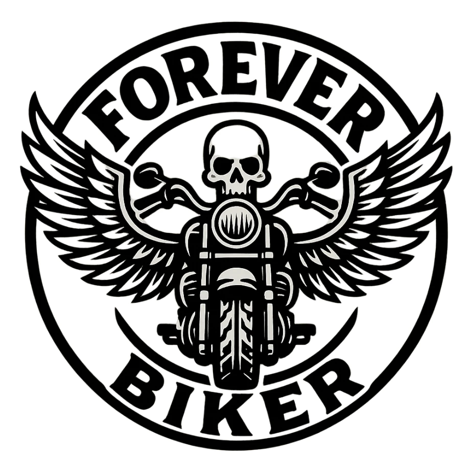 circular transparent background design for motorcycle cap, text 'FOREVER BIKER', motif: motorcycle, wing, skull, iconic style sticker