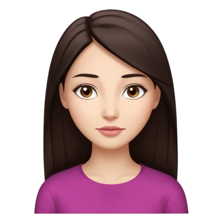 female avatar.Long, straight, sleek dark brown .Soft oval face Straight medium browsAlmond-shaped dark brown eyes, proportionalcalm neutral gaze. NoSlender, slightly elongated nose.Natural matte pink-beige lips, relaxed expression sticker