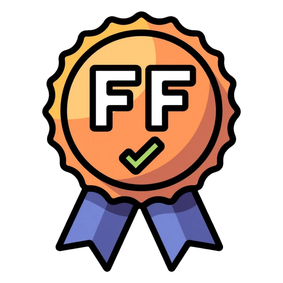 Gaming achievement badge with FF and a verification checkmark, gaming medal style, esports badge sticker