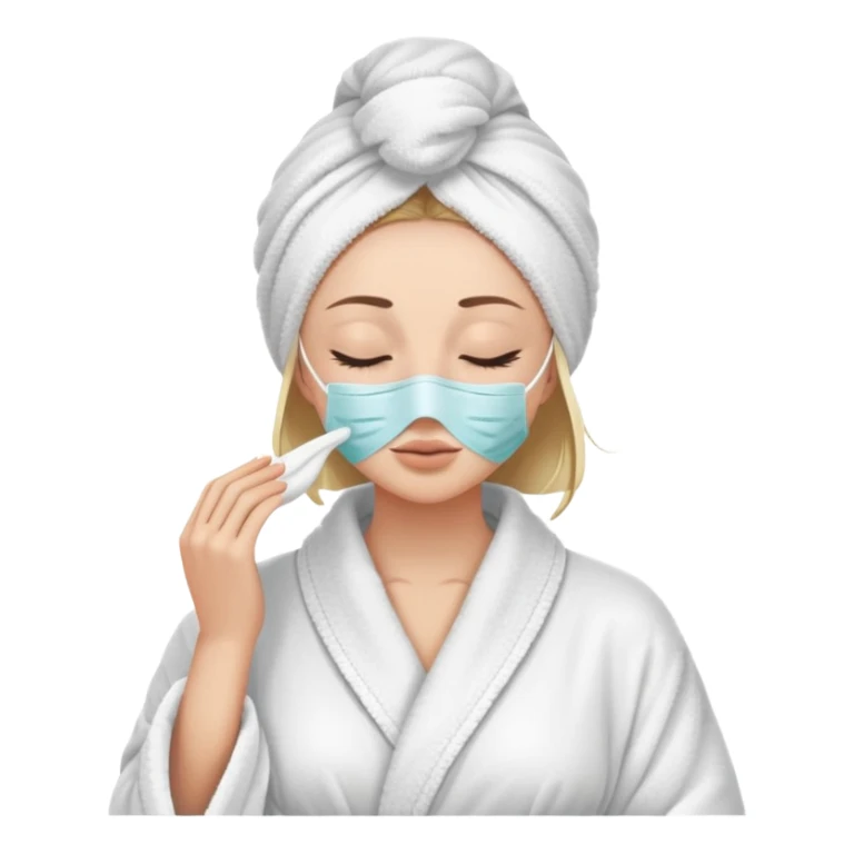 Donna con la pelle chiara visitata con accappatoio per corpo e capelli con una maschera sul volto e gli occhi chiusi sticker