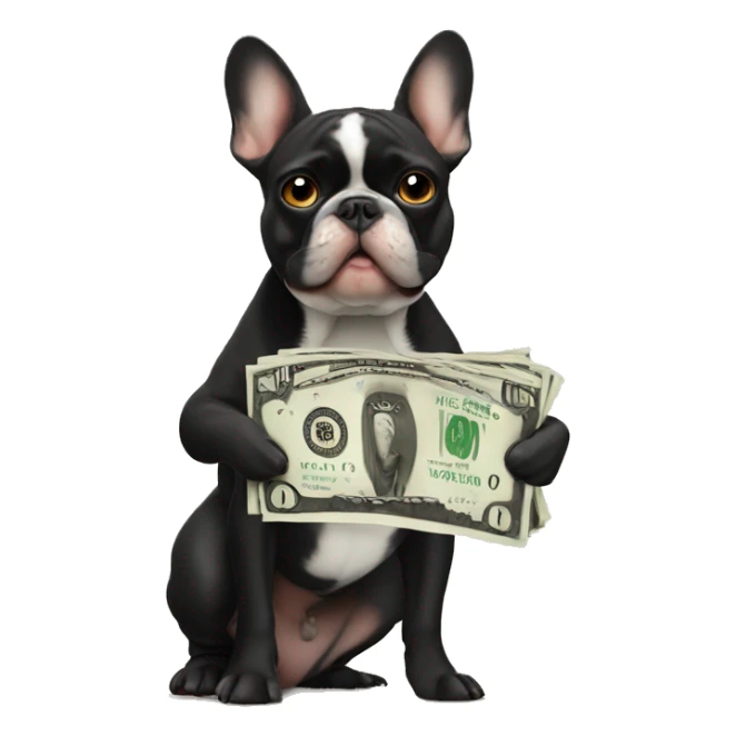 Black-and-tan French bulldog paying money sticker