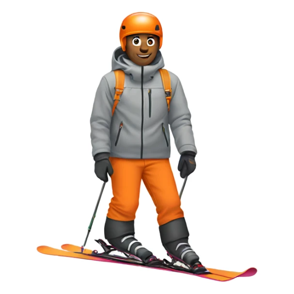 Male skier wearing gray jacket and orange pants sticker