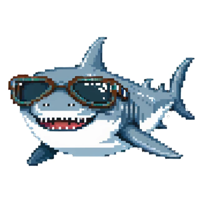 pixelated shark smiling with white teeth wearing dark sunglasses sticker