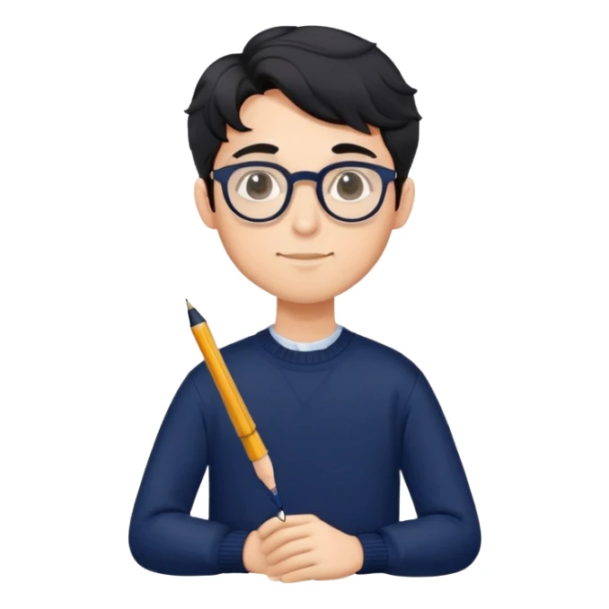 Dependable young professional man with round glasses, wavy black hair, navy blue sweater, assured posture, designer with pen sticker
