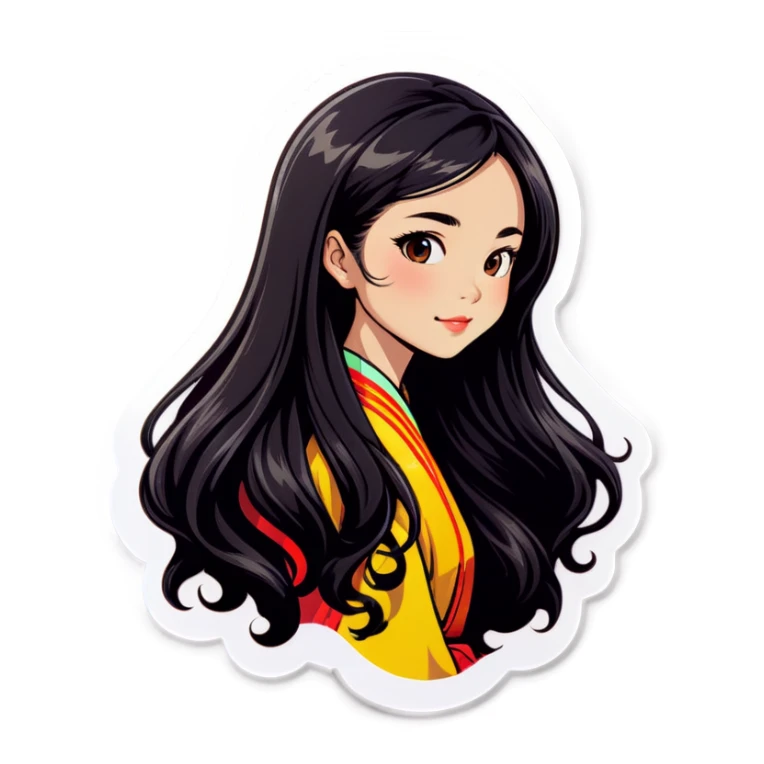 Asian girl with long wavy black hair sticker