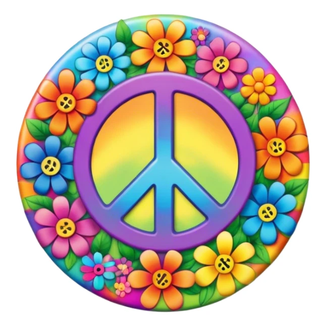 A round psychedelic colored button that says “peace” in the center with rainbow colored hippie style flowers sticker
