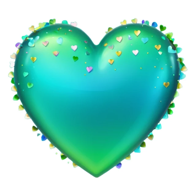 emoji: teal and neon green gradient heart with celebration confetti from behind. sticker