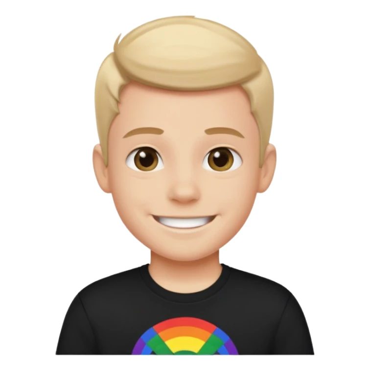 smiling boy in black shirt in a pride month shirt sticker