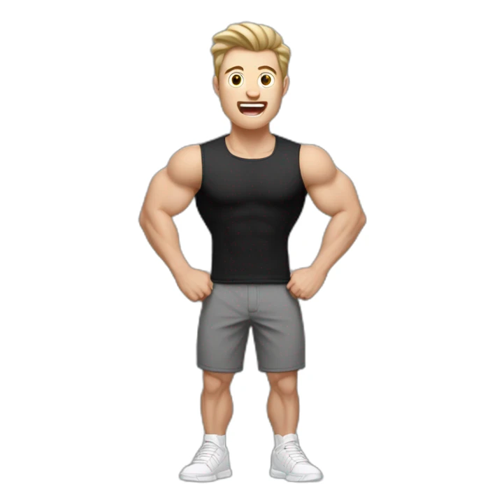 amazed Open with surprise mouth Pale skinned Fit Man With the biceps and dark brown hair in black shirt, gray sports shorts and white Sneakers sticker
