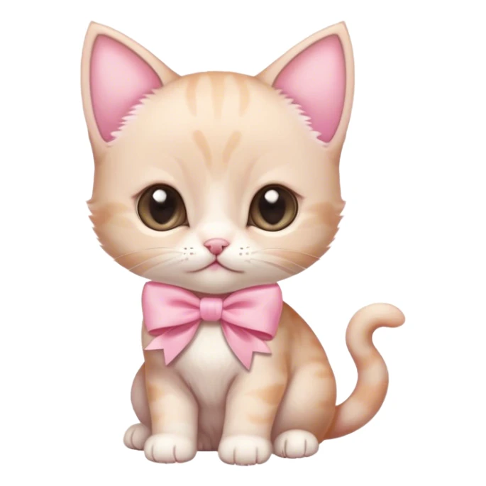 a very small beige kitten with a slightly white muzzle and a large light pink bow on the top of the head, a purebred kitten with a large head sticker