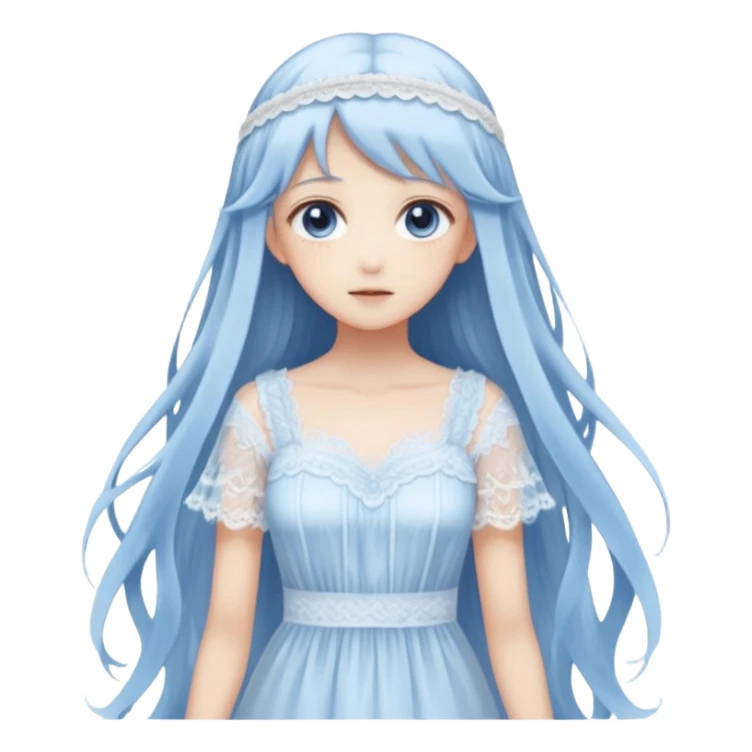 Beautiful ethereal pastel transparent translucent Gorgeous spectral dark greyish-blue whitish gloomy spectral Anime Poltergeist Lady with long hair with a beautiful white silky lace dress with a silky lace head band sticker