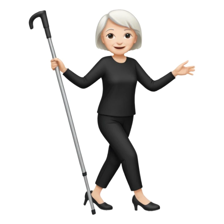 old woman with cutted hair, dressed with pants,  dancing with crutches sticker