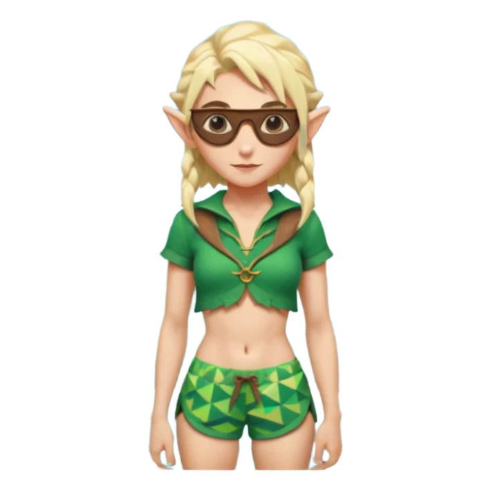 elf female legolas portrait, patterned board shorts (geometric/abstract), unique wooden-framed sunglasses, undercut hairstyle, slight smirk, visible pointy ears, no background, centered emoji, hipster summer vibe coctails sticker