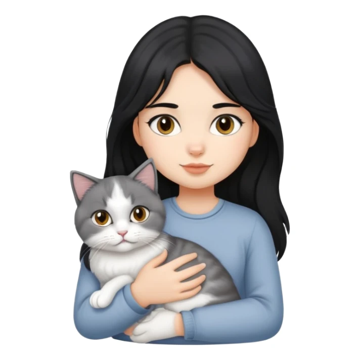 black hair girl with British Longhair white grey cat sticker