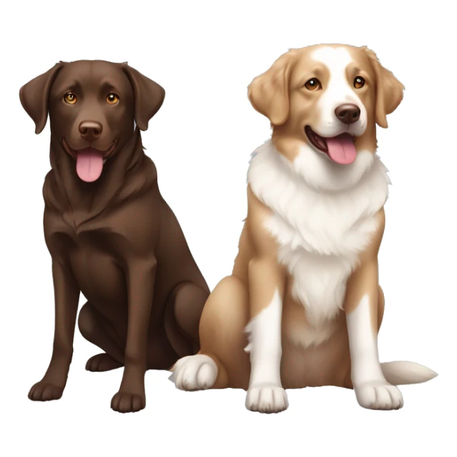 a full body, sitting chocolate labrador, and a sitting tan, cream, white Australian Shepard sticker