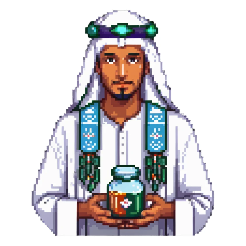 Arab man with traditional headdress holding medicine sticker