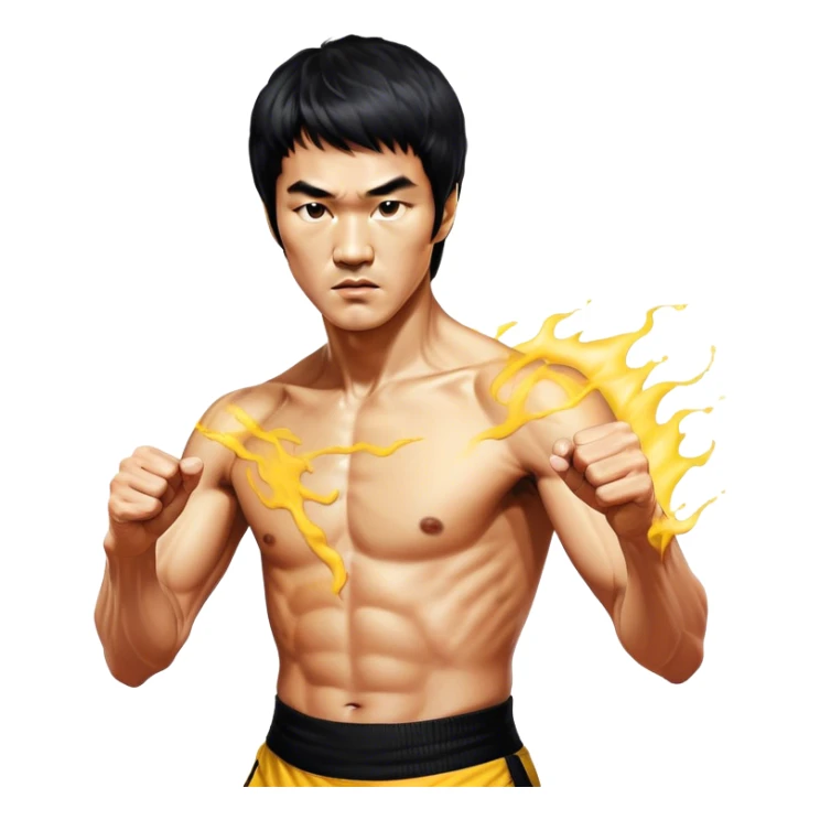 Cinematic Realistic Bruce Lee Portrait Emoji, depicted as a dynamic martial arts icon with an intense gaze and athletic physique caught in a fluid motion, rendered with vivid textures and energetic lighting that embodies his legendary prowess. sticker