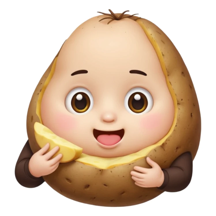chubby emoji character with big eyes and rosy cheeks, munching on a potato, holding it with both hands, simple and adorable, LINE/Kakao Friends style sticker
