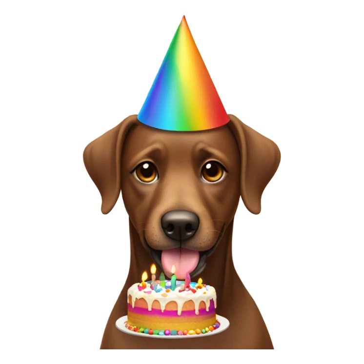 brown dog wearing rainbow party hat eating birthday cake sticker