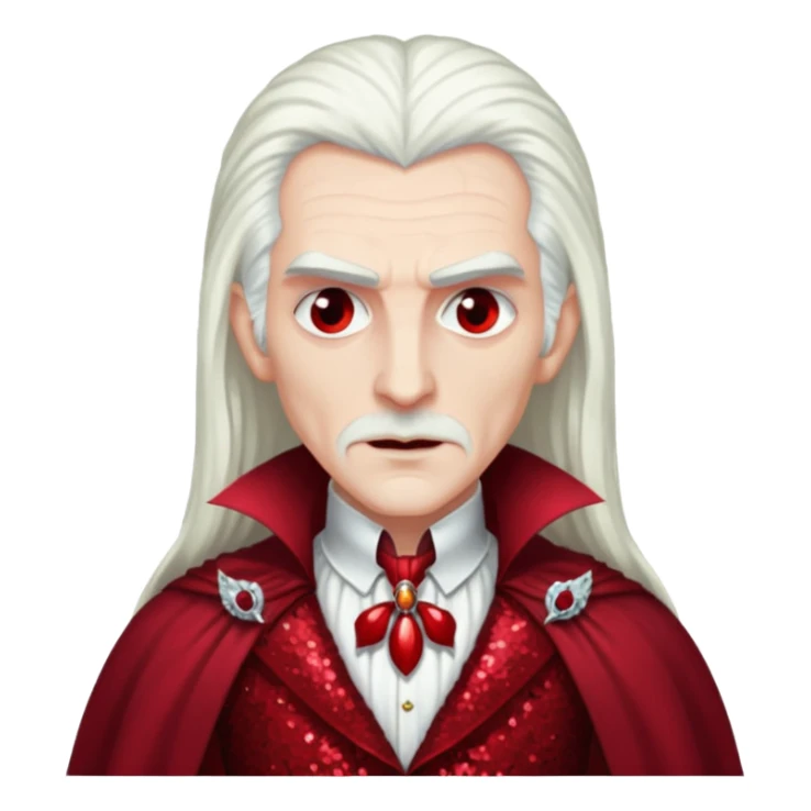 Dracula with long white hair, dark red sequin outfit sticker