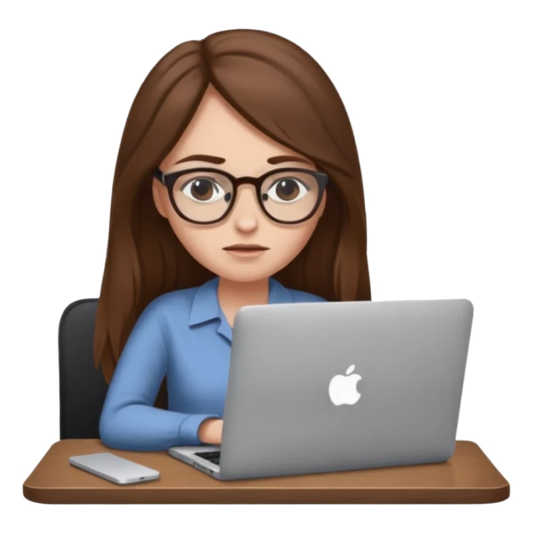create a woman long hair brown, sitting with her macbook looking tired sticker