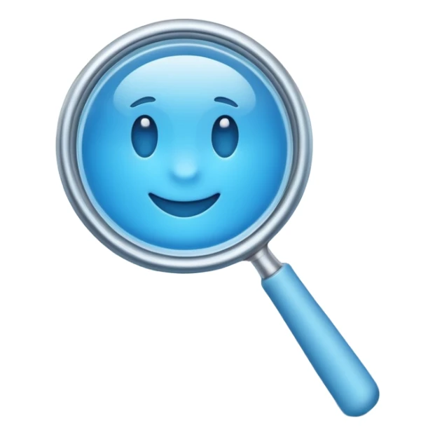 A 3D emoji-style magnifying glass, smooth rounded shapes, soft gradient blue ring, glossy plastic material, subtle highlights and reflections, simple minimal design, pastel blue color, slightly thick proportions, soft lighting, clean white background, modern emoji aesthetic, centered composition sticker