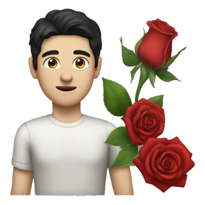 A man with pale skin and black hair holding a red rose sticker