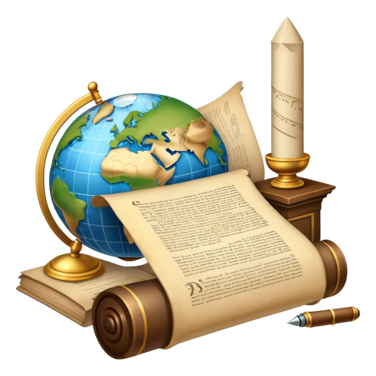 An icon featuring an ancient scroll, a quill pen, and a globe, symbolizing the study of history. The design includes a timeline with significant historical events, with ruins in the background to evoke past civilizations. Transparent background emphasizes the exploration of human history sticker