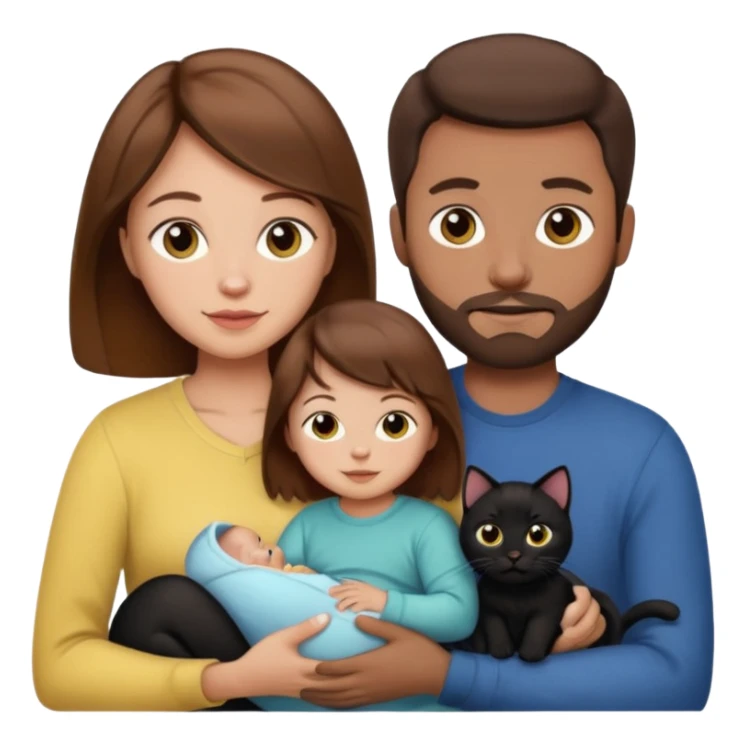 1 mom brown hair, 1 dad no beard, 1 baby and 1 black cat sticker