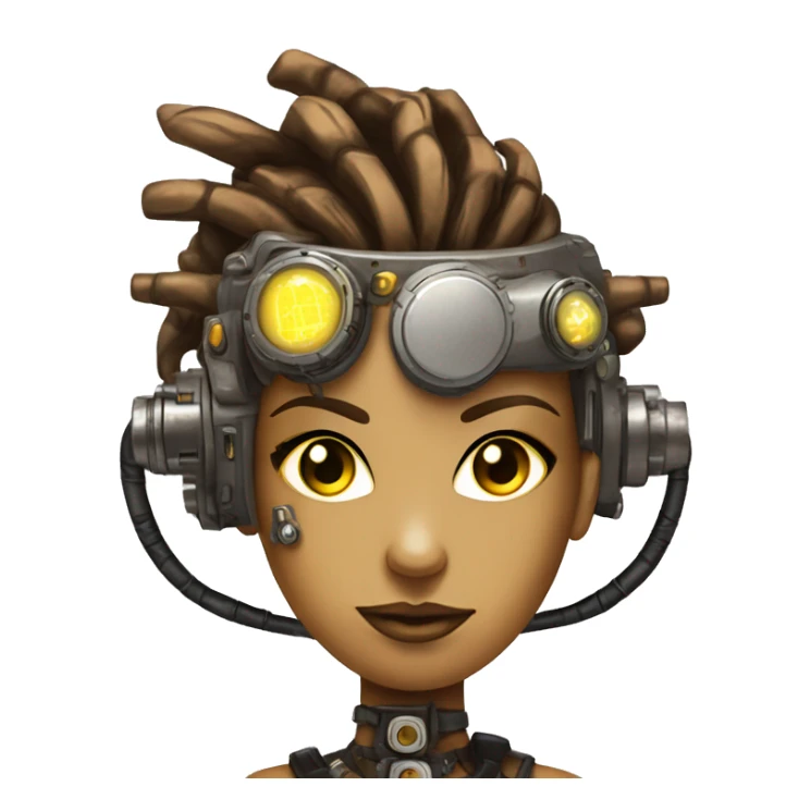 Brown with yellow streaks Mohawk hair female cyborg head, tan skin, steampunk goggles and circuits sticker