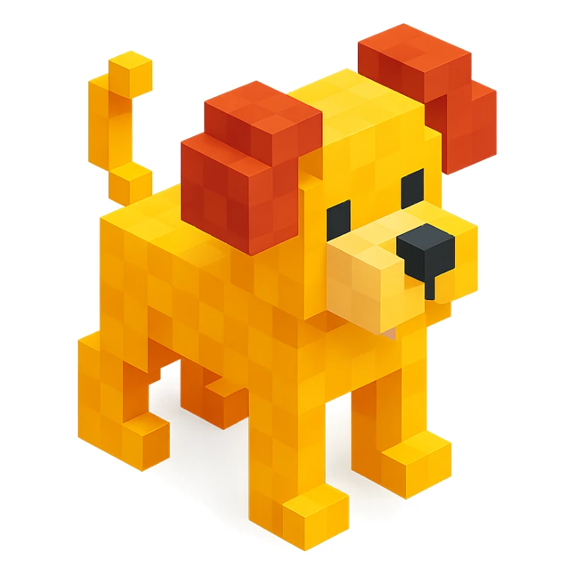 <SystemPrompt>
                <Style>
                  <Name>Voxel Emoji Art</Name>
                  <Description>A playful, isometric voxel style that mimics pixel art in 3D, commonly used for emojis, UI icons, and symbols. Rendered with bright, vibrant colors and no shadows.</Description>
                  <VisualRules>
                    <Geometry>
                      <BaseUnit>Cube</BaseUnit>
                      <GridAlignment>Isometric</GridAlignment>
                      <VoxelSize>Consistent</VoxelSize>
                    </Geometry>
                    <Color>
                      <Palette>Vivid and High Saturation</Palette>
                      <Gradient>Allowed on faces for subtle lighting</Gradient>
                    </Color>
                    <Lighting>
                      <Style>Soft studio lighting</Style>
                      <Shadows>Subtle ambient shadows</Shadows>
                    </Lighting>
                    <Detailing>
                      <Outline>None</Outline>
                      <Texture>Flat color (no texture noise)</Texture>
                      <Effects>None</Effects>
                    </Detailing>
                  </VisualRules>
                </Style>
                <Generation>
                  <PromptTemplate>
                    <![CDATA[
                      Render a voxel-style 3D illustration of a {subject}, using bright colors and blocky pixelated geometry. The object should appear playful and clean, similar to emoji aesthetics, with no shadows and no outlines. Lighting should enhance the 3D depth without harsh contrast.
                    ]]>
                  </PromptTemplate>
                </Generation>
              </SystemPrompt>
              {subject} = dog sticker