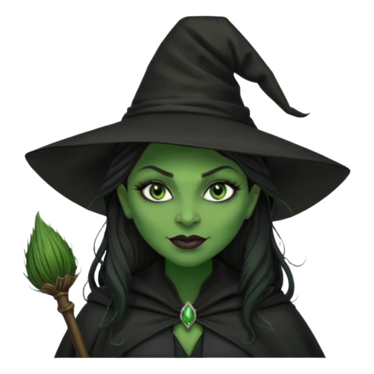 elphaba wicked witch with broom close up, evil dark coily long dark hair, green skin, thick green lips, cheekbones, smirk evil menacing cythia erivo dark aesthetic black hat cloak dark broom sticker