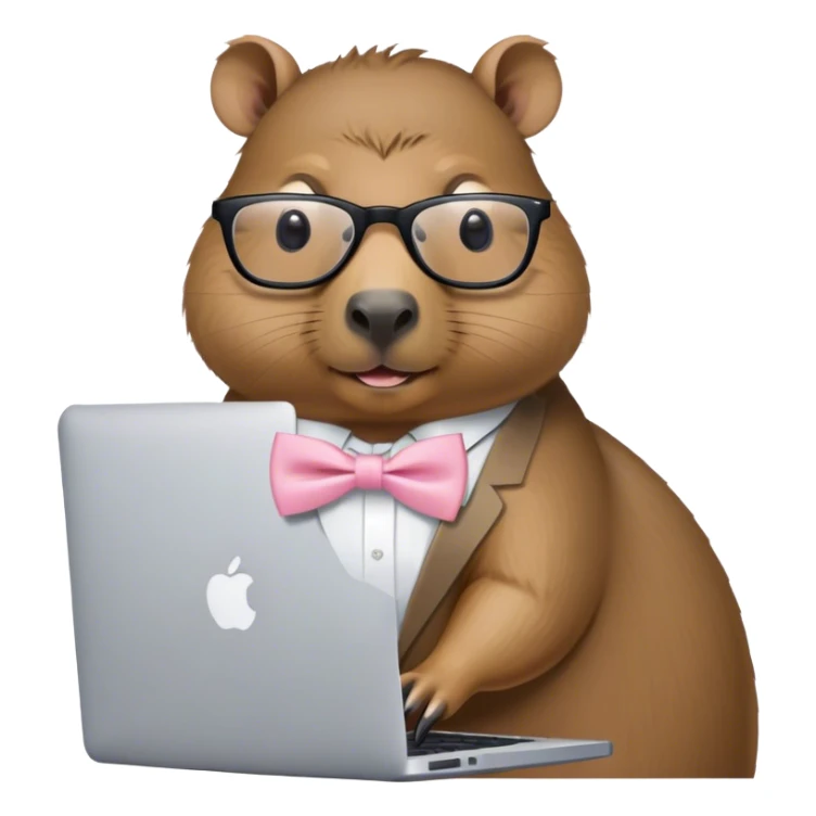 capivara de óculos e laço rosa claro mexendo no macbook sticker