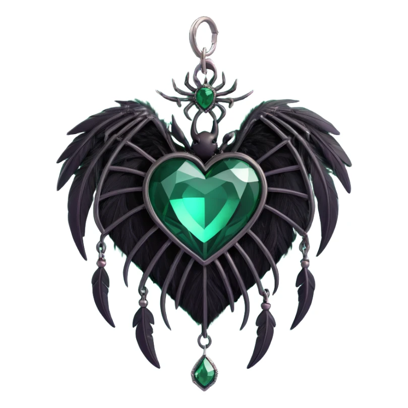 gothic heart, emerald green crystal texture, silver spider charm, feather accents, lush and gothic style, foggy background sticker