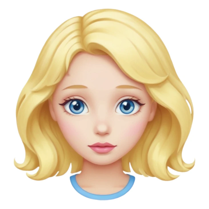 girl with blue eyes, pastel yellow wavy hair, soft pink blush and glossy lips sticker