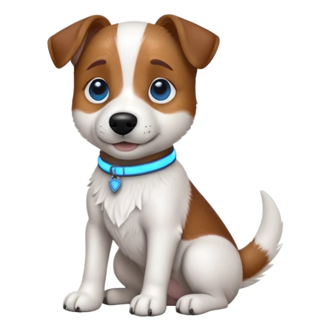 cinematic-[jack russel]-realistic-full-body-sitting-emoji,-tail-resting-loosely-beside-its-paws,blue eyes-head-tilted-dramatically, -scruffy-[brown and white]-fur,-simplified-yet-realistic-focused-features,-highly-detailed,-glowing-with-an-almost-sarcastic-glow sticker