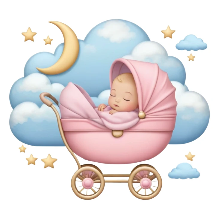 sleeping baby in pink and beige stroller with crescent moon and stars above with pastel blue clouds sticker
