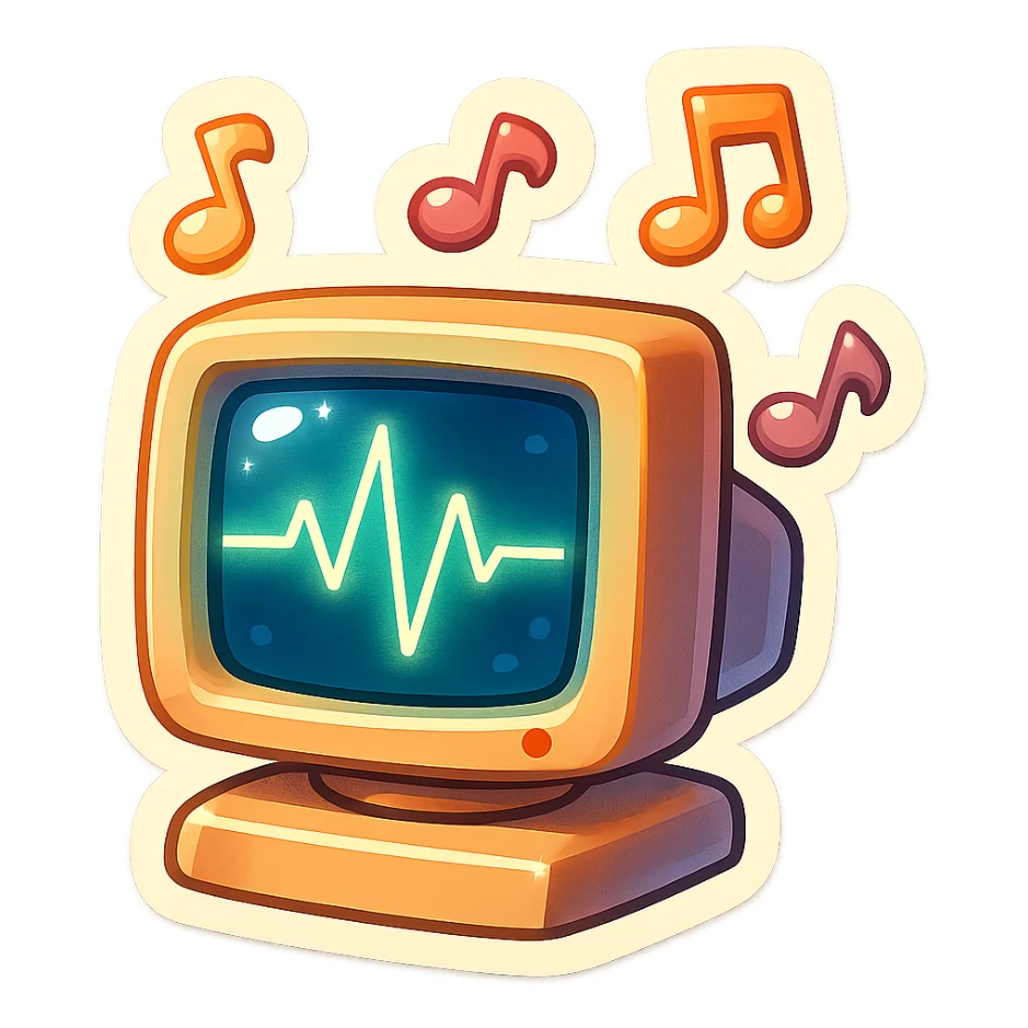 A vintage CRT monitor with a glowing waveform, musical notes drifting upward, energetic and fun retro style sticker