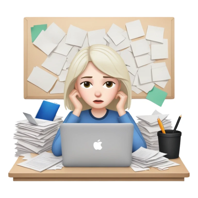 tired woman at a desk with a MacBook, surrounded by messy papers, emphasizing disorganization sticker