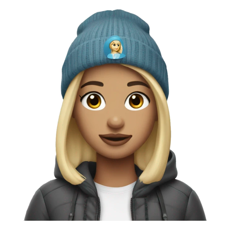 blonde girl with airpod max and a beanie sticker