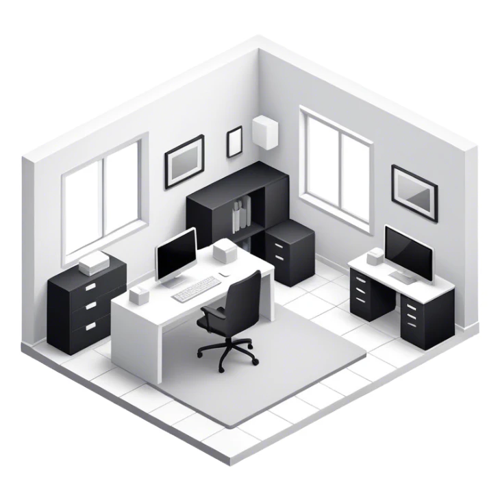 An isometric 3D room with two white walls that meet at the back left and right and a single Window. Black and White Home Office Room sticker