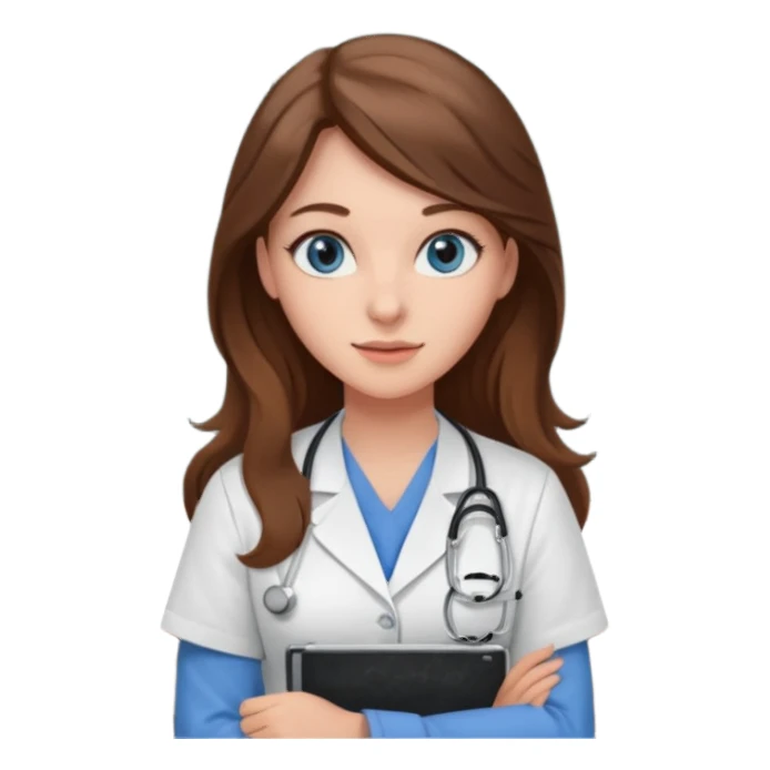 university classroom that says nursing school on the blackboard with a pretty female nursing student with long brown hair, blue eyes sticker