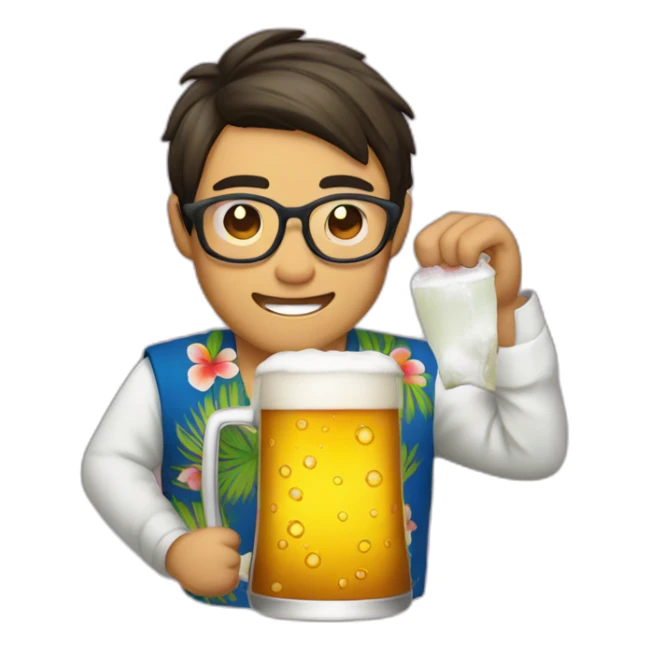 Japanese wearing roundglasses alohashirt is holding beer sticker