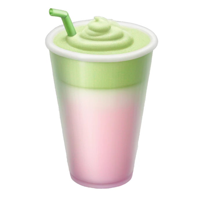 Clear long cup, no handle, with light pink drink, matcha foam sticker