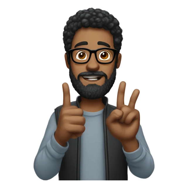 blck haired man with beard and glasses doing finger hearts sticker