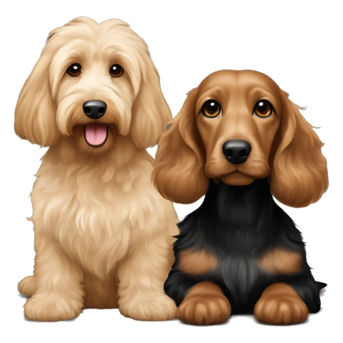 Brown goldendoodle medium size and black and tan and cream longhair dachshund sitting together  sticker