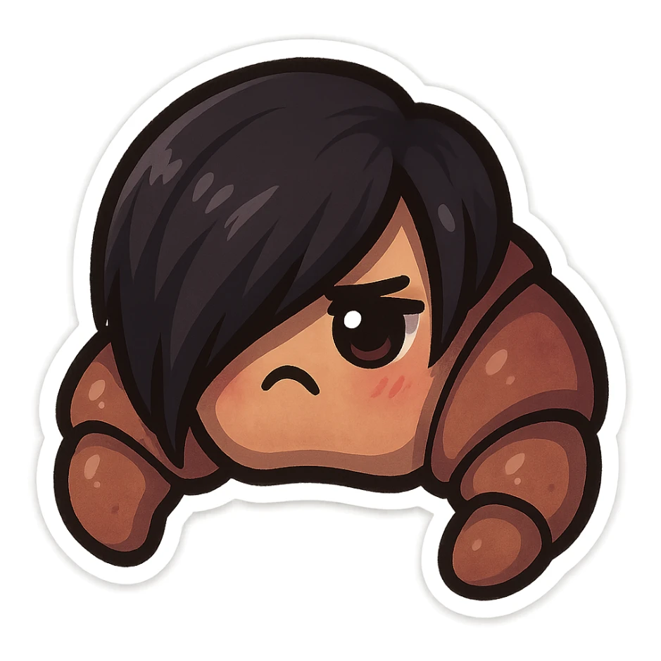 chibi sticker-style croissant with an emo vibe, dark colors, side-swept bangs, cute and exaggerated sticker